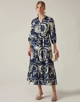 James Lakeland Womens Navy Ornamental Print Tiered Midi Dress - Size: 14