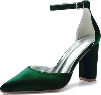 Generic Wedding Bridal Shoes Womens Elegant Chunky Block Heel Pointed Toe Court Pumps 9Cm Bridal Party Pumps Shoes for Dress Occasions,Dark Green,10 UK