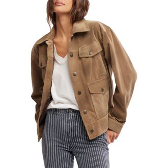 Free People Night Ranch Faux Suede Trucker Jacket in Antique Bronze at Nordstrom Rack, Size X-Large