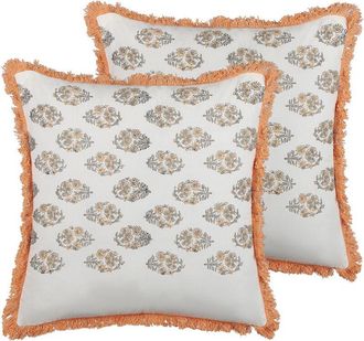 Beliani Conjunto De 2 Cojines De Algod&oacute;n Blanco Naranja Gris 45 X 45 Cm A Mano Sativus
