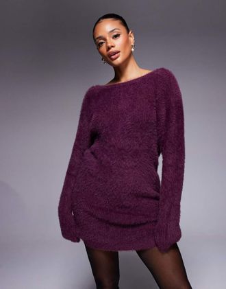 Aria Cove Vestito maglia corto double-face in maglia soffice color prugna scollato sulla schiena-Rosso