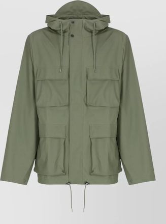 Rains hooded waterproof jacket long sleeves pockets drawstring