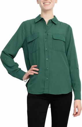 Magaschoni Collar Neck Long Sleeves Front Button Detail Top In Smokey Emerald Green