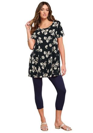 Roaman's Plus Size Cotton Ultimate Scoopneck Swing Tunic in Black Ivory Begonia at Nordstrom, Size 32