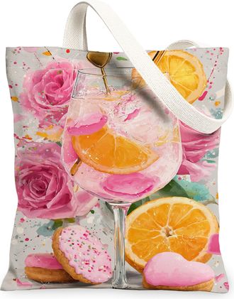 Generic Floral Canvas Tote Bag, Summer Fruit Drink Pattern Reusable Grocery Bags, Vintage Chic Washable Lightweight Shoulder Strap, Peach, 13x15 Inch