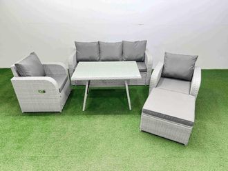 Fimous Reclining Chair 3 Seat Sofa Set Garden Furniture Set with Footstool in Light Grey