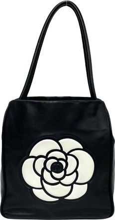 Chanel Black White Leather Handbag Shoulder Bag Tote Bag (Pre-Owned)