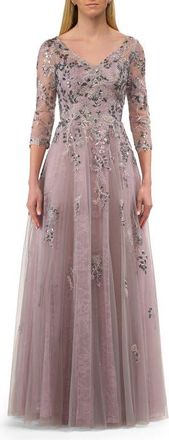 La Femme Two Tone Lace Applique Tulle A-line Gown with Illusion Sleeves in Silver/mauve at Nordstrom, Size 18