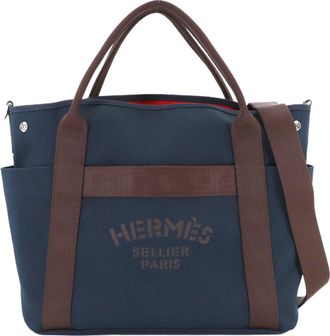 Herm&egrave;s Brown Navy Canvas Leather Handbag Tote Bag (Pre-Owned)