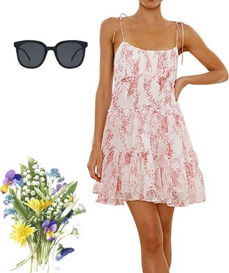 Generic Women Floral Mini Dress, 2025 Casual Summer Spaghetti Strap Boho Sundress, Cute Y2K Chiffon Flowy Ruffle Tiered Dresses (03,L)