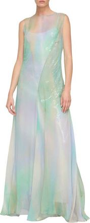 Lafayette 148 New York Crinkled Silk Cr&eacute;pon Gown with Sequin Slip in Aurora Green Multi at Nordstrom, Size 10