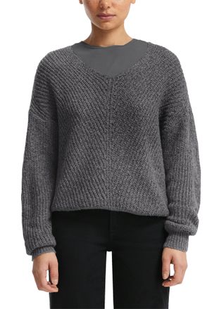 QS by s.Oliver Strickpullover QS, Damen, Gr. XXL, grau (dunkelgrau), Strick, Obermaterial: 88% Polyacryl, 12% Polyester, unifarben, bequem h&uuml;ftbedeckend, V-Ausschnit