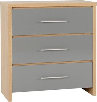 Seconique Seville 3 Drawer Chest - L39 x W80 x H86 cm - Grey High Gloss/Light Oak Effect Veneer