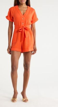 FRNCH Lika Tie Waist Cotton Romper in Orange at Nordstrom Rack, Size Medium