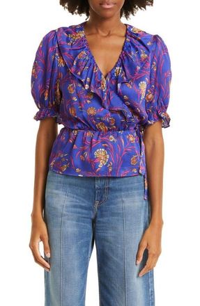 BA&SH Chella Puff Sleeve Peplum Top in Bleu at Nordstrom, Size X-Small