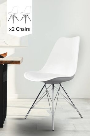 Fusion Living Set of 2 Soho Plastic Dining Chairs with Chrome Metal Legs in White