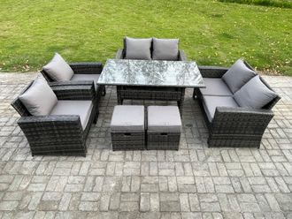 Fimous Rattan Garden Furniture Set Patio Outdoor Lounge Sofa Set with Oblong Dining Table Double Seat Sofa 2 Small Footstools in Dark Grey