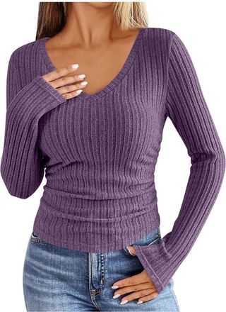 Generic Ladies V Neck Jumpers Knitted Ribbed Long Sleeve Stretchy Sweater Tops Plain Solid Color Casual Knitwear Slim Fit Sexy Basic Tee Tops Y2K Purple M