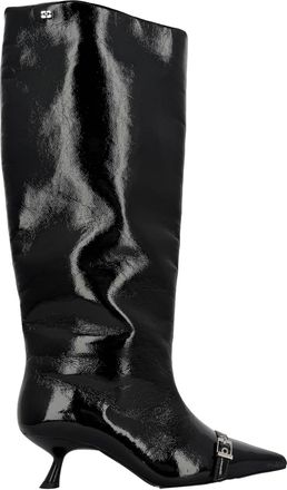 Ganni Ganni Eyelet-detail Slouch Knee-high Boots in Black Patent Leather