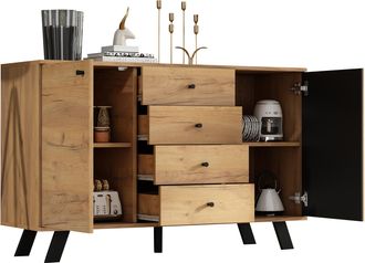 STILVORA Aparador Con 2 Puertas Y 4 Cajones, 5 Niveles De Almacenaje, En Mdf Y Madera Maciza, Negro Y Natural, 120&times;38&times;75 Cm