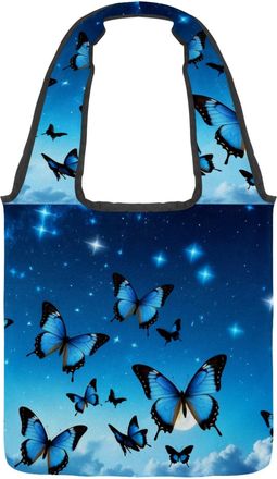 Generic Blue Butterflies Starry Reversible Canvas Shoulder Tote - Double-Sided Print, 12oz Cotton, 27cm Drop, Fold-Flat Bag for Travel, Shopping, Street Outin