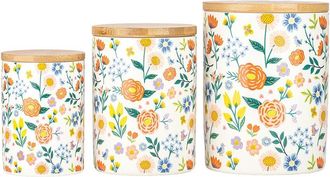 10 Strawberry Street 3Pc Folk Floral Spring Ceramic Kitchen Canister Set