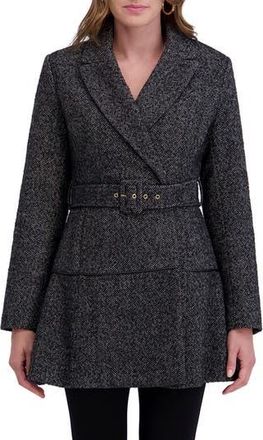 Kensie Herringbone Belted Flared Coat in Black/White at Nordstrom Rack, Size X-Large