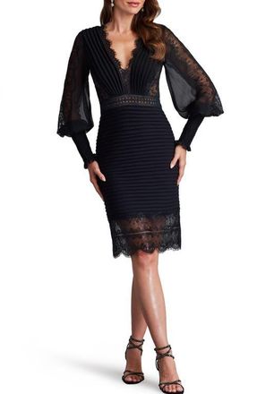 Tadashi Shoji Pleated Lace Long Sleeve Sheath Dress in Black at Nordstrom, Size 14