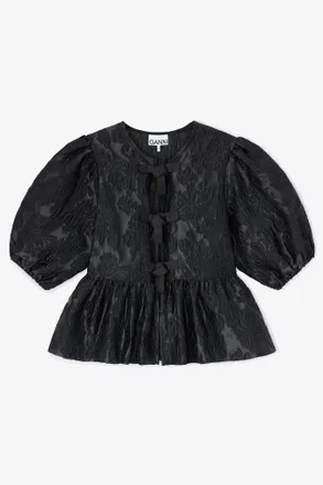 Ganni Satin Peplum Tie Blouse - Size 10/12 Black