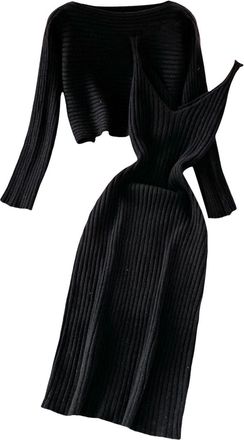 Generic Skirts Set Women Fashion Knitted Dress Two Piece Suit Pullover Top and Dress Bodycon 2 Piece Set Jumper Midi Dress Knitted Dress Set (Black, One Size)