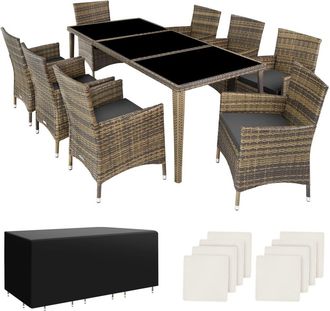 TecTake Set de ratán para 8 personas, sillas, cojines, mesa y fundas, natural