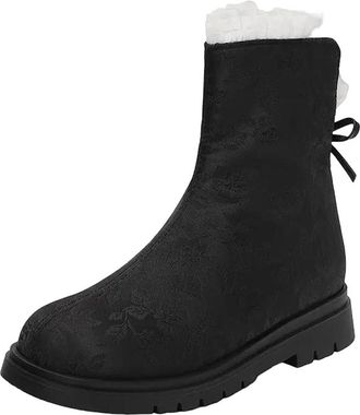 Generic Womens Mid Calf Boots Round Toe Med Thick Heel With Side Zipper And A Delicate Floral Butterfly-Knot Detail