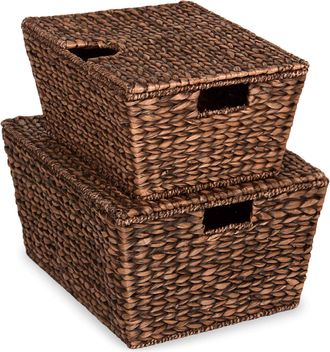 Best Choice Products Set of 2 XL Water Hyacinth Woven Tapered Storage Basket Chests w/ Attached Lid, Handle Hole