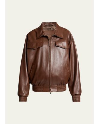 Balenciaga Mens Smooth Leather Oversized Bomber Jacket