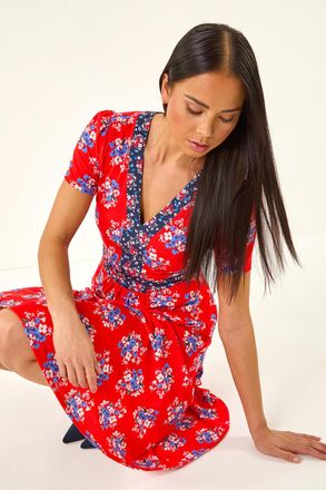Roman Floral Contrast Stretch Midi Dress