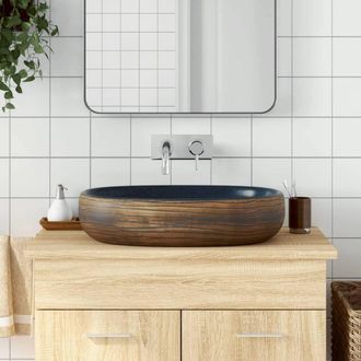 Berkfield Home Countertop Basin Brown & Blue Oval 59x40x14 cm Ceramic | Size: 59 x 40 x 14 cm
