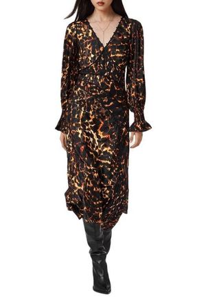 AllSaints Dannie Print Long Sleeve Midi Dress in Pardus Flame Brown at Nordstrom, Size 2 Us