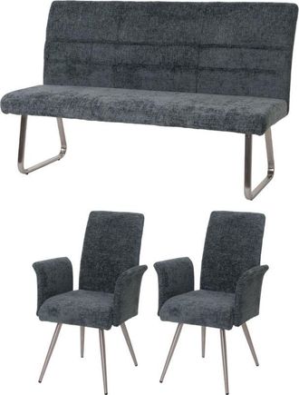Hhg Juego De Comedor Hhg-219, Juego De 2 Sillas Con Reposabrazos + Banco 160cm, Acero Inoxidable Cepillado Tela/textil Chenilla, Gris Oscuro