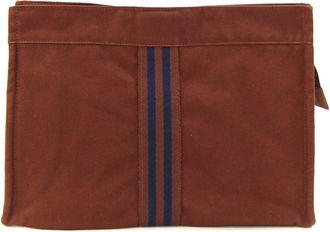 Herm&egrave;s Fourre Tout Brown Navy Cotton Canvas Clutch Bag (Pre-Owned)