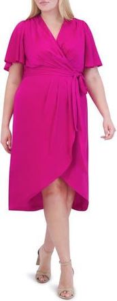 Vince Camuto Flutter Sleeve Faux Wrap Satin Midi Dress in Magenta at Nordstrom Rack, Size 20W