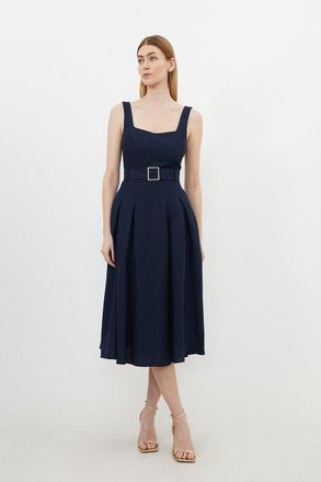 Karen Millen Womens Tall Premium Tailored Linen Square Neck Belted Midi Dress - Navy - Size 6 UK