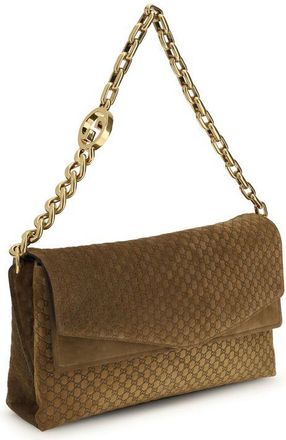 Gucci Womens Embossed Gg Suede Shoulder Bag Brown Outer Inner