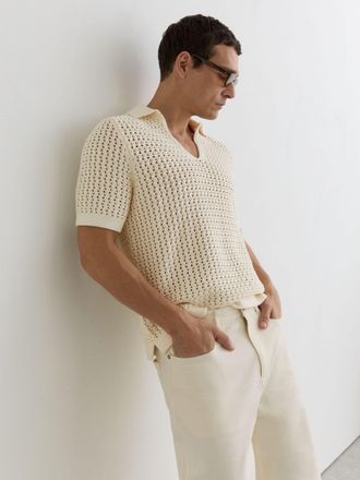 Reiss White Crochet Open-collar Polo Shirt, Xxl