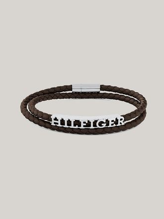 Tommy Hilfiger Mens Leather Braided Double Bracelet - Brown