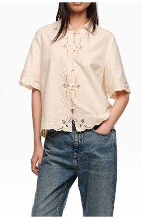 Bimba & Lola Linen Cotton Embroidered Shirt in Beige at Nordstrom, Size X-Small Eu