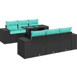 vidaXL 7 Piece Garden Sofa Set with Cushions Black Poly Rattan Acacia vidaXL