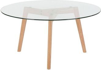 Beliani Mesa De Centro Transparente Redonda Con Tablero De Cristal 3 Patas De Madera Clara Minimalista Escandinavo Minnesota