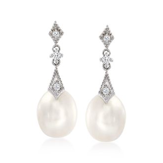 Ross-Simons 8mm Cultured Pearl and. Diamond Drop Earrings in 14kt White Gold