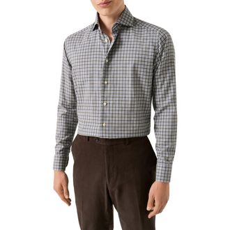 Eton Contemporary Fit Grey Check Cotton Flannel Dress Shirt in Dark Grey at Nordstrom Rack, Size 15.5