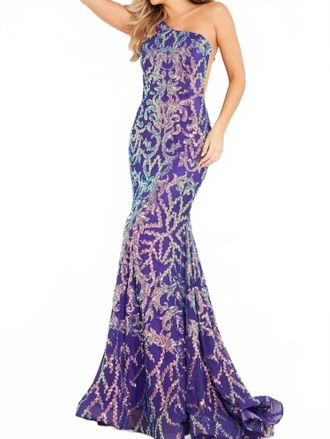 Jovani Embellished One Shoulder Dress In Iridescent Purple